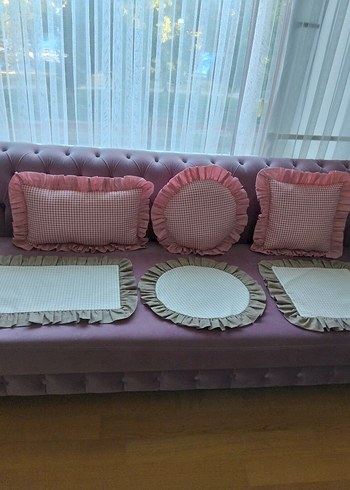 BONCUK ELYAF DOLGULU...Pembe Kareli Fırfırlı Yuvarlak Yastık - Görsel 8