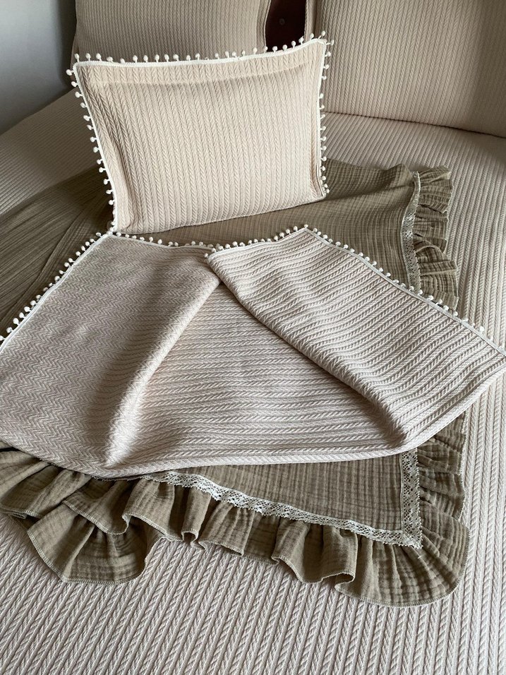 Nakışlı örme kumaş bebek pike ve yastık ..Bej. 100*120 - Görsel 4