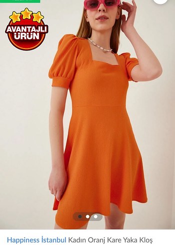 Kadın Turuncu Kare Yaka Midi Elbise - Görsel 2