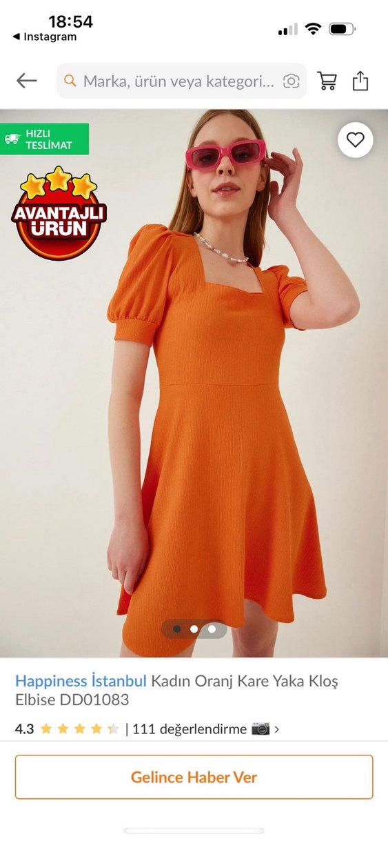 Kadın Turuncu Kare Yaka Midi Elbise - Görsel 2