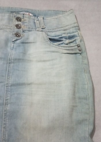 Düğmeli Pastel Mavi Kadın Denim Mini Etek - Görsel 3