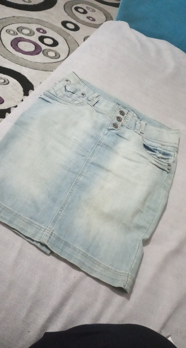 Düğmeli Pastel Mavi Kadın Denim Mini Etek - Görsel 2