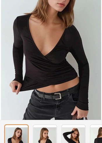 Siyah V Yaka Uzun Kollu Drapeli Bluz - Görsel 3