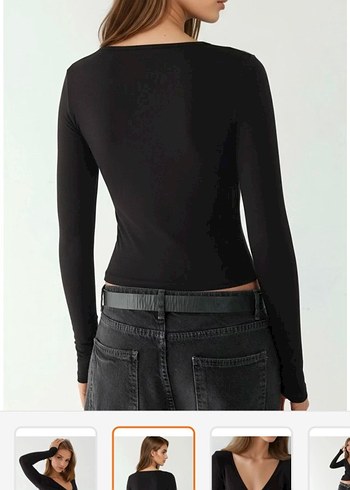 Siyah V Yaka Uzun Kollu Drapeli Bluz - Görsel 2