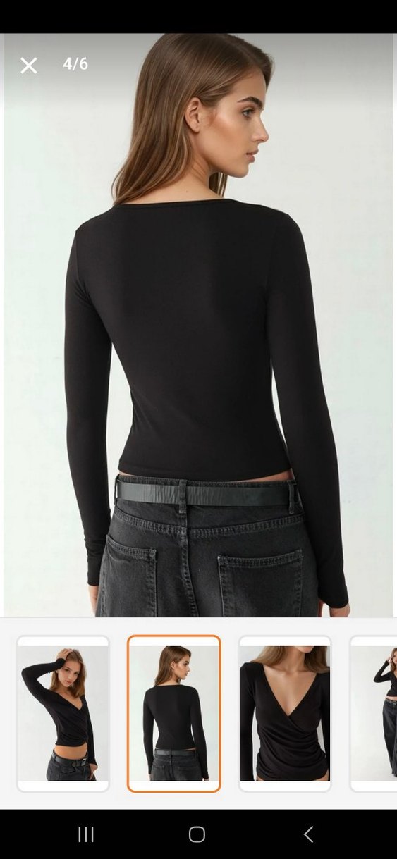 Siyah V Yaka Uzun Kollu Drapeli Bluz - Görsel 2