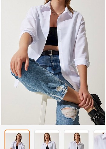 Düğmeli Beyaz Pamuklu Kadın Gömlek - Görsel 2