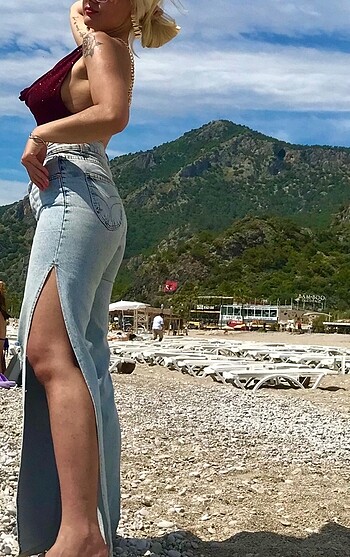l Beden mavi Renk Derin Yırtmaçlı Palazzo Jean