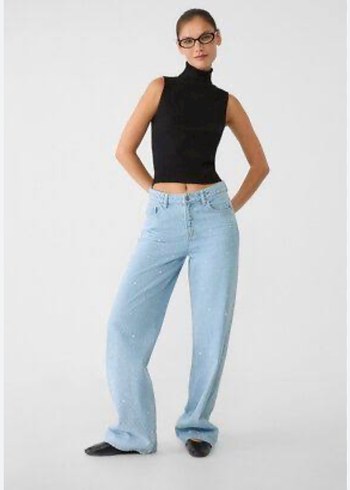 xs Beden mavi Renk Stradivarius taşlı straight fit jean