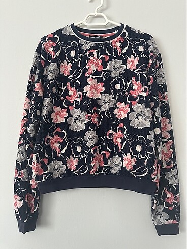Pamuklu Oluklu Kumaş Çiçekli Lacivert Sweatshirt