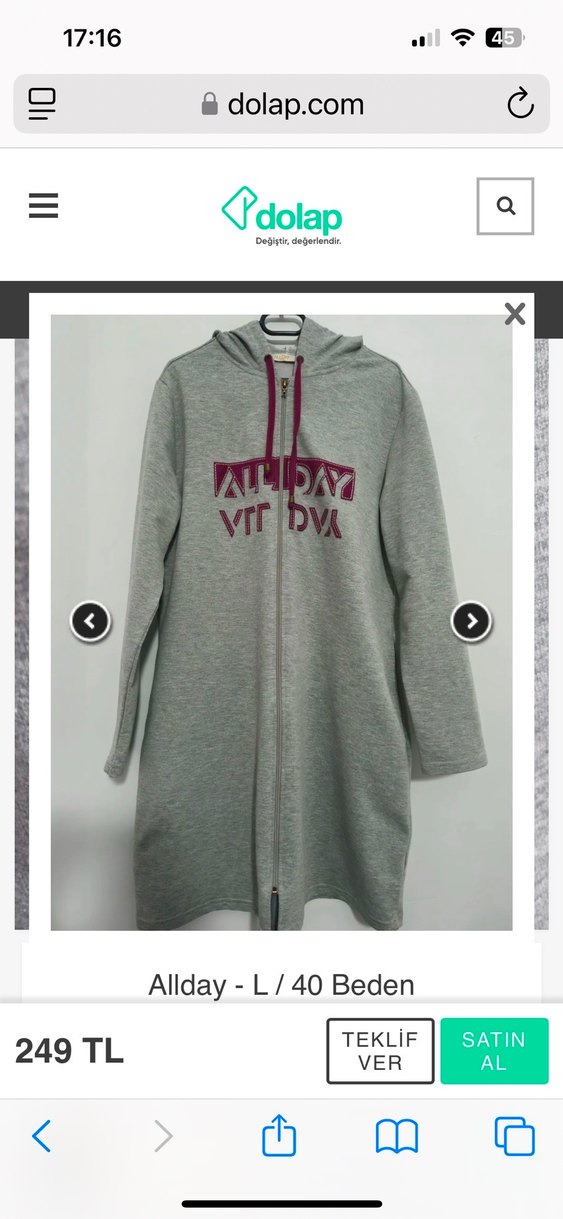 Allday Gri Fermuarlı Kapüşonlu Uzun Sweatshirt Ceket - Görsel 2