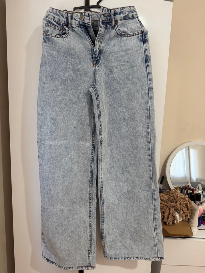 Gri Bağcıklı Geniş Paça Midi Kot Pantolon - Görsel 2