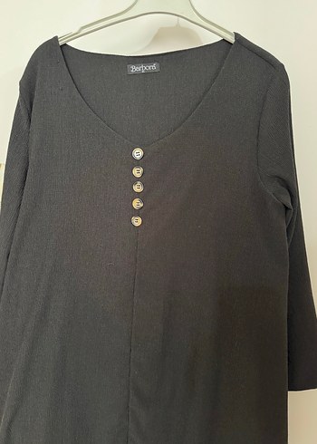 Düğmeli Siyah Uzun Keten Kadın Tunik elbise - Görsel 3