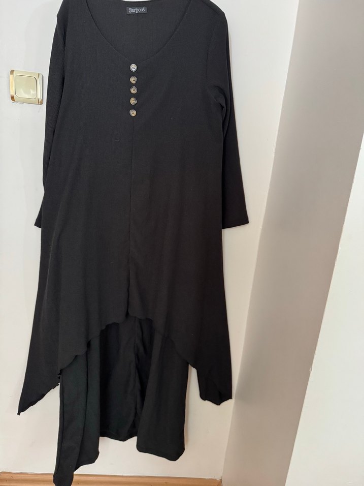 Düğmeli Siyah Uzun Keten Kadın Tunik elbise - Görsel 2
