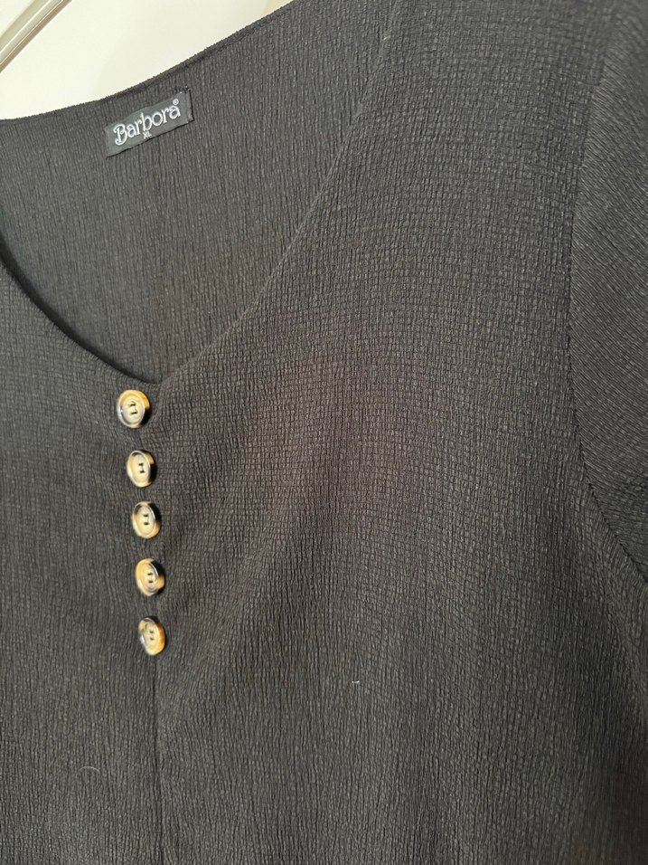 Düğmeli Siyah Uzun Keten Kadın Tunik elbise - Görsel 4