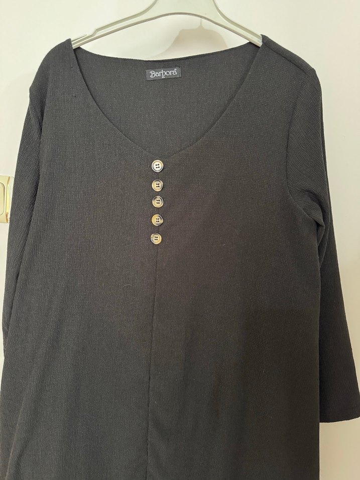 Düğmeli Siyah Uzun Keten Kadın Tunik elbise - Görsel 3