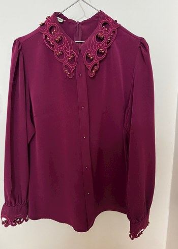 Bordo Nakışlı İpek Görünümlü Gömlek - Görsel 3