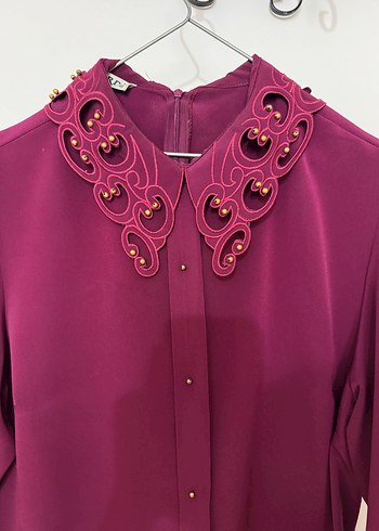 Bordo Nakışlı İpek Görünümlü Gömlek - Görsel 4