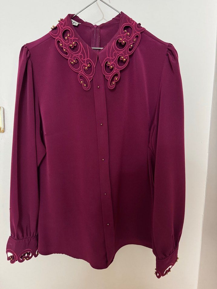 Bordo Nakışlı İpek Görünümlü Gömlek - Görsel 3