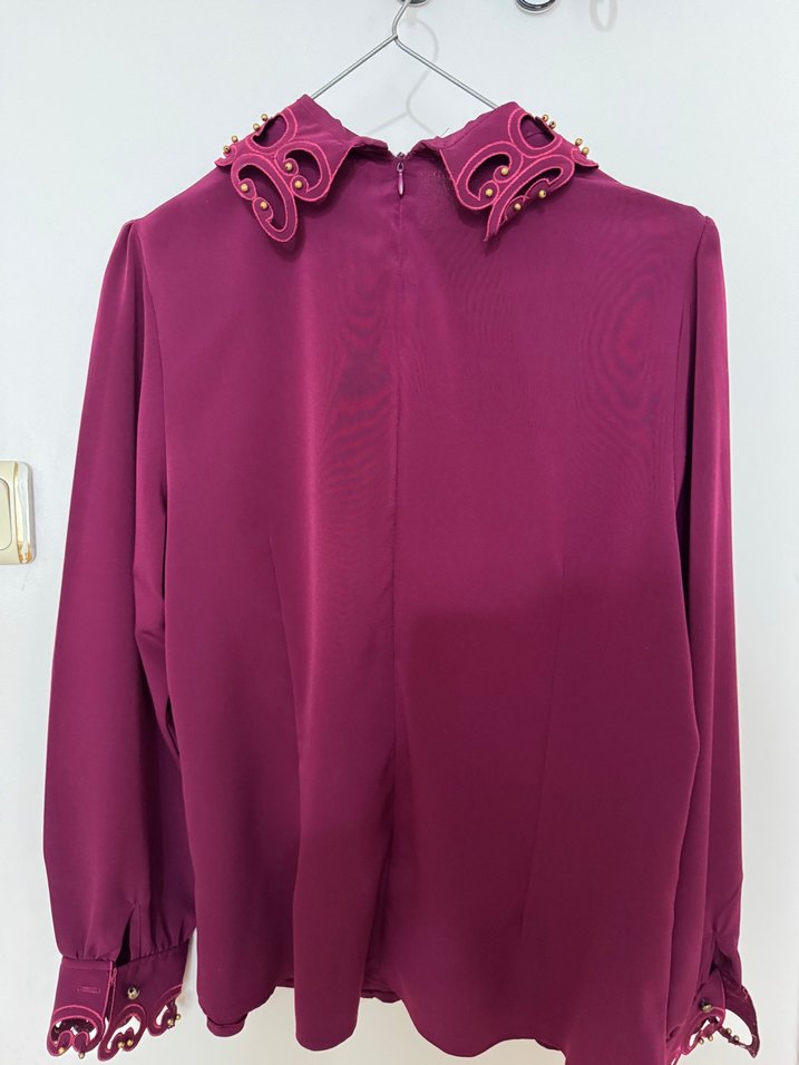Bordo Nakışlı İpek Görünümlü Gömlek - Görsel 5