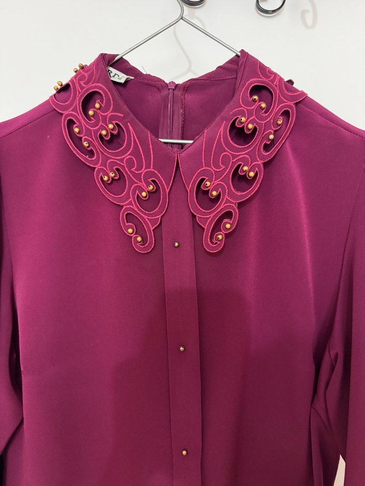 Bordo Nakışlı İpek Görünümlü Gömlek - Görsel 4