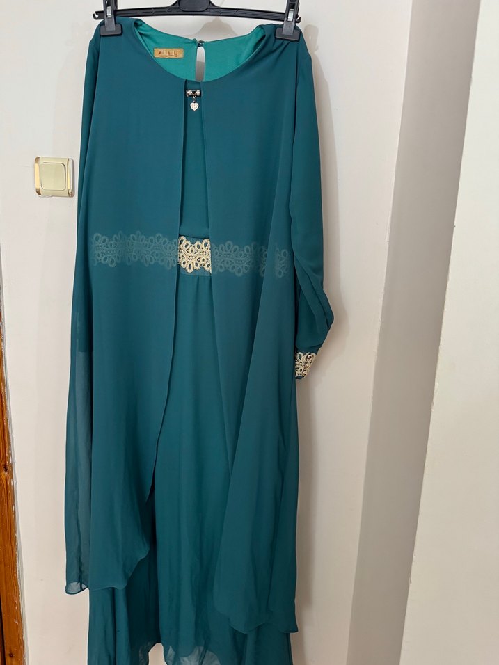 Turkuaz İşlemeli Uzun Salaş Kadın Elbise - Görsel 2