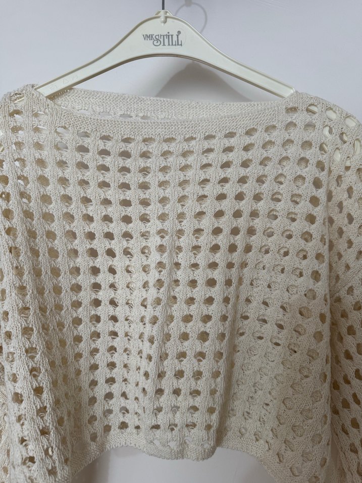 Beyaz Örgü Bohem Kısa Kazak - Görsel 3