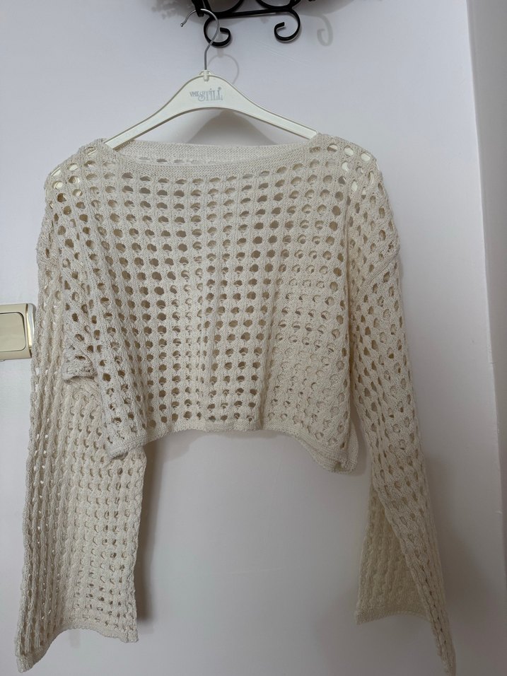 Beyaz Örgü Bohem Kısa Kazak - Görsel 2