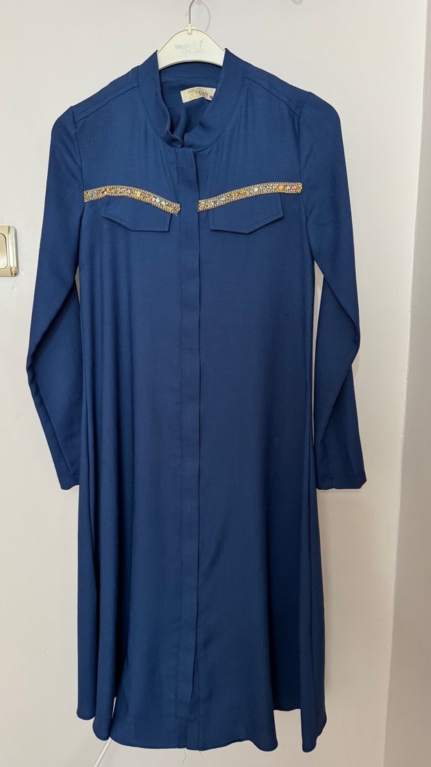 İş için Mavi Uzun Kollu Nakışlı Tunik - Görsel 2