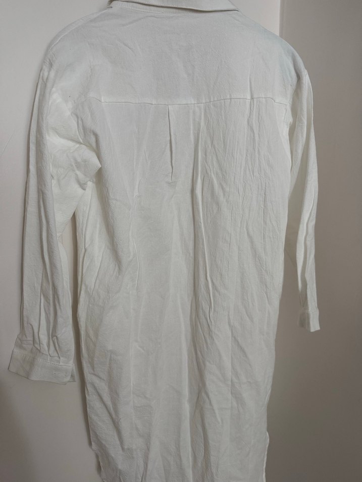 Düğmeli Beyaz Keten Uzun Kollu Gömlek elbise - Görsel 4