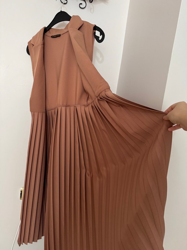 Bej Pilili Uzun Kadın Elbise/ yelek - Görsel 3