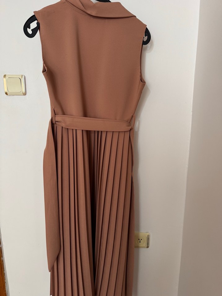 Bej Pilili Uzun Kadın Elbise/ yelek - Görsel 4