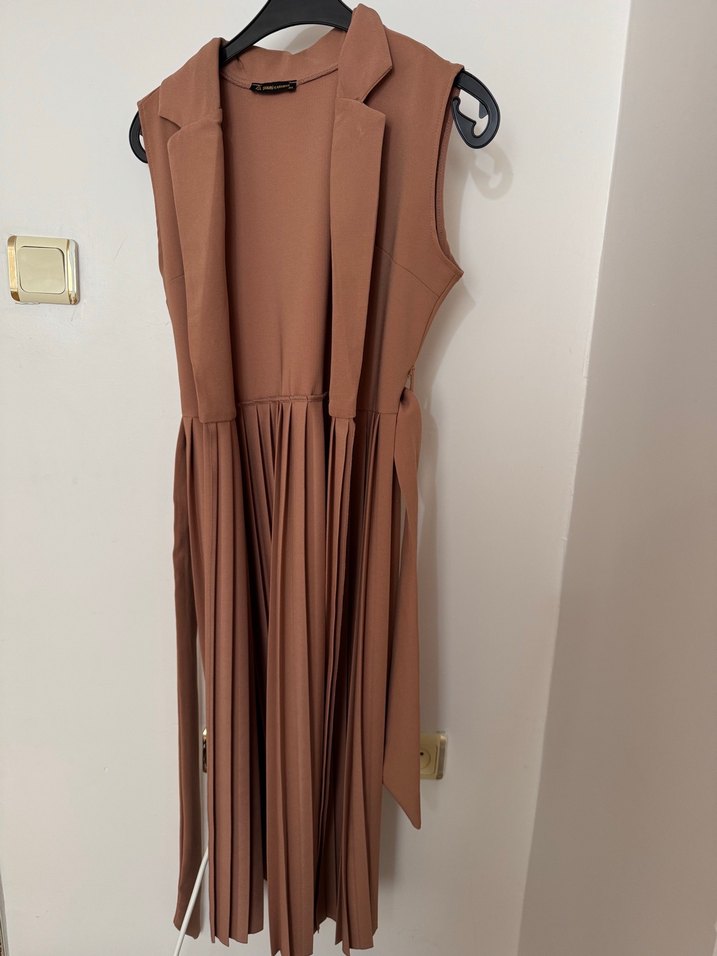 Bej Pilili Uzun Kadın Elbise/ yelek - Görsel 2