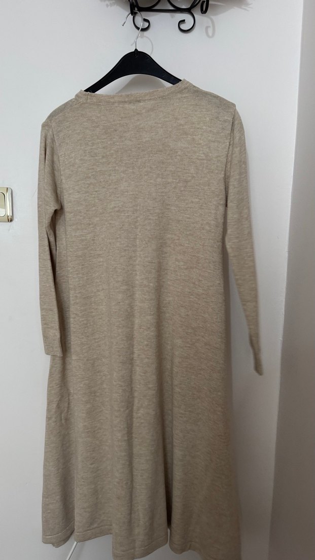 Bej Uzun Kollu Kadın Keten elbise/tunik - Görsel 5
