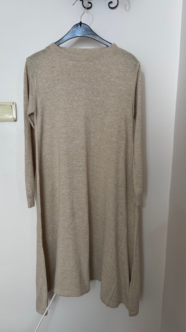 Bej Uzun Kollu Kadın Keten elbise/tunik - Görsel 2