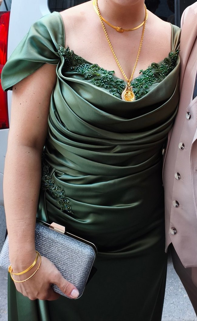 Drapeli Straplez Uzun Koyu Haki Kadın Elbise - Görsel 2