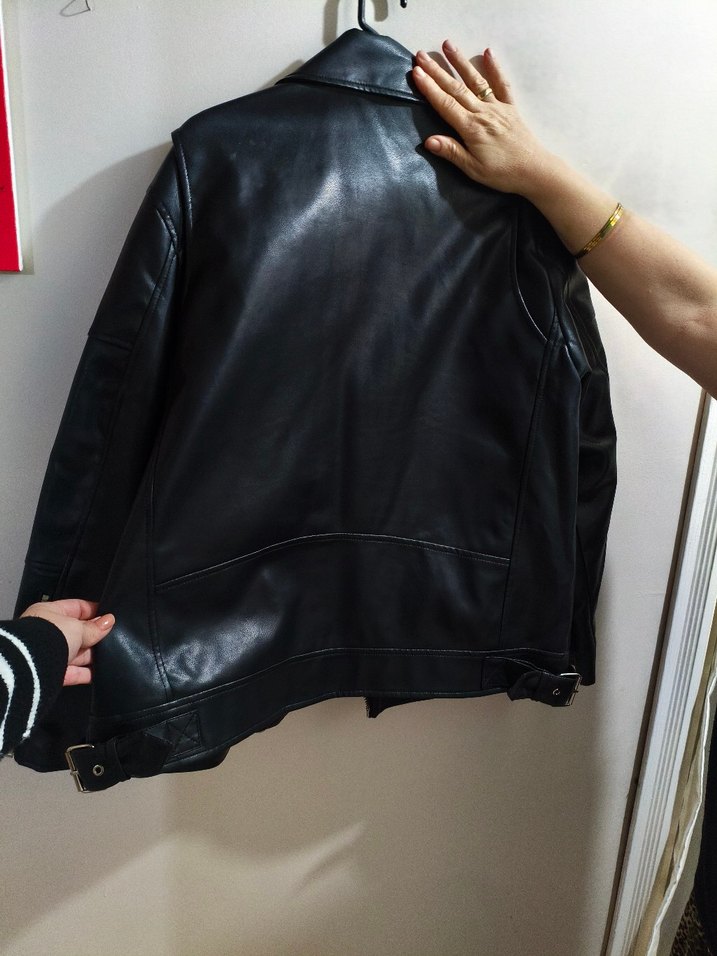 Siyah Deri Biker Kadın Ceket - Görsel 4