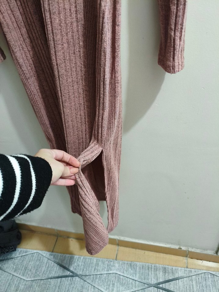 Pudra Triko Yüksek Yakalı Uzun Elbise - Görsel 2