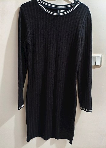 Kadın Siyah Çizgili Triko Elbise - Görsel 2