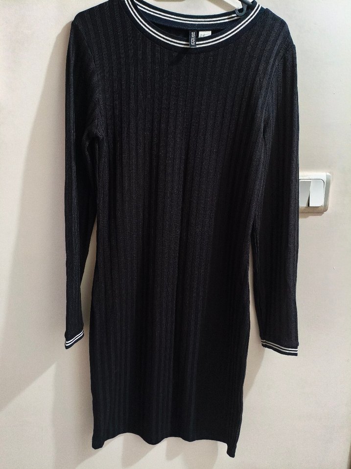 Kadın Siyah Çizgili Triko Elbise - Görsel 2