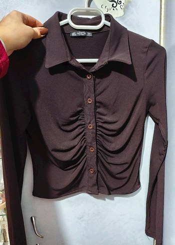 Düğmeli Uzun Kollu Koyu Kahverengi Kadın Bluz - Görsel 2