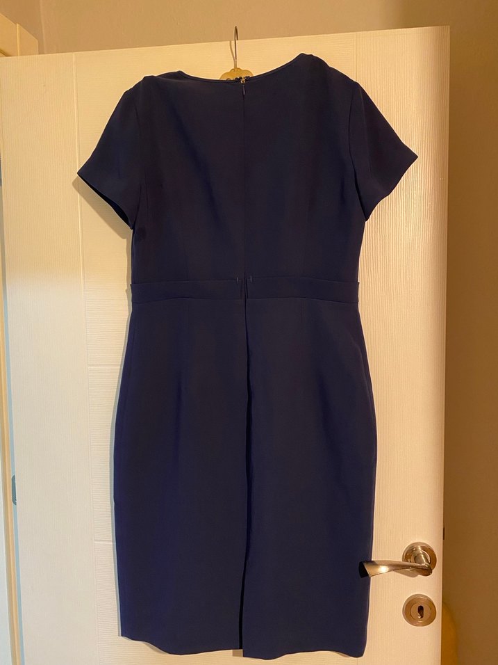 Lacivert Midi V Yaka Kemerli Ofis Elbisesi - Görsel 2