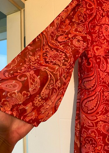 Kırmızı Drapeli Uzun Bohem Elbise - Görsel 4