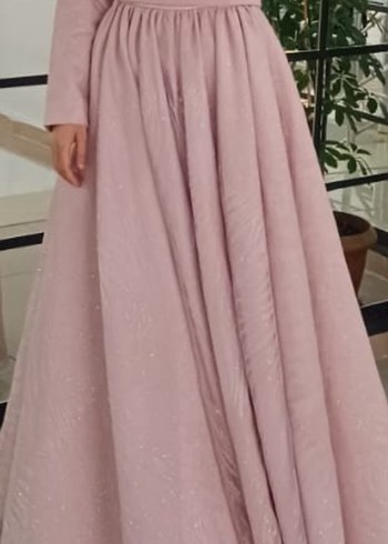 Abiye Pudra Pileli Uzun Kollu Uzun Abiye Elbise