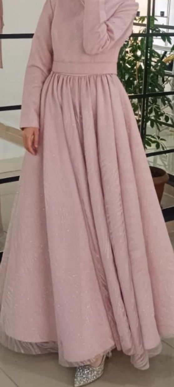 Pudra Pileli Uzun Kollu Uzun Abiye Elbise - Görsel 2