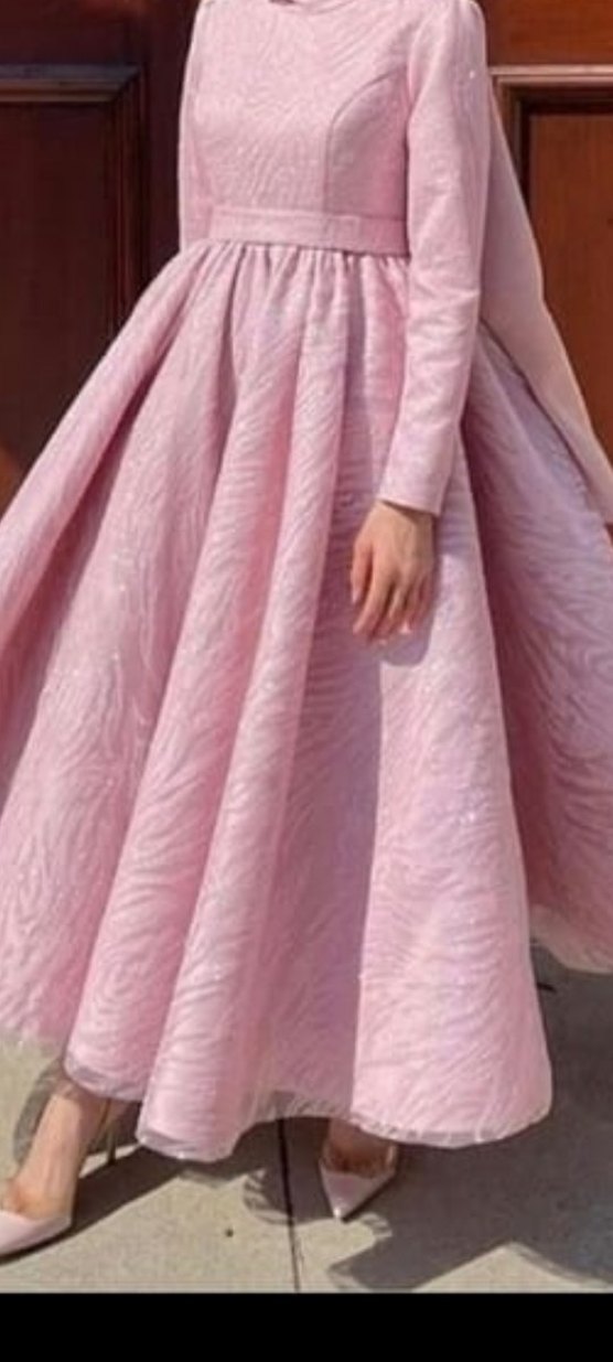 Pudra Pileli Uzun Kollu Uzun Abiye Elbise - Görsel 3