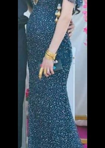 Boncuk İşlemeli Siyah Yılan Desenli Uzun Abiye Elbise - Görsel 2