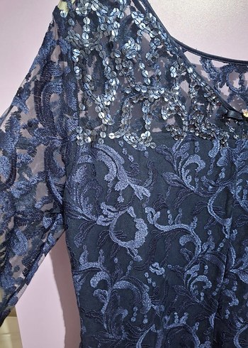 Lacivert Dantel Uzun Kollu Abiye Elbise - Görsel 2