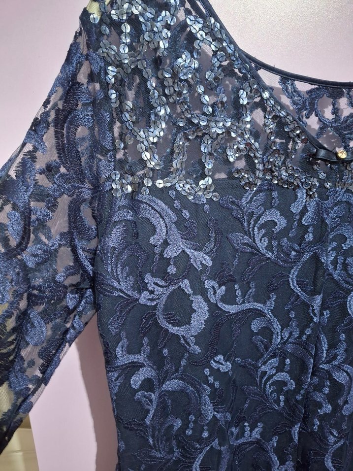 Lacivert Dantel Uzun Kollu Abiye Elbise - Görsel 2