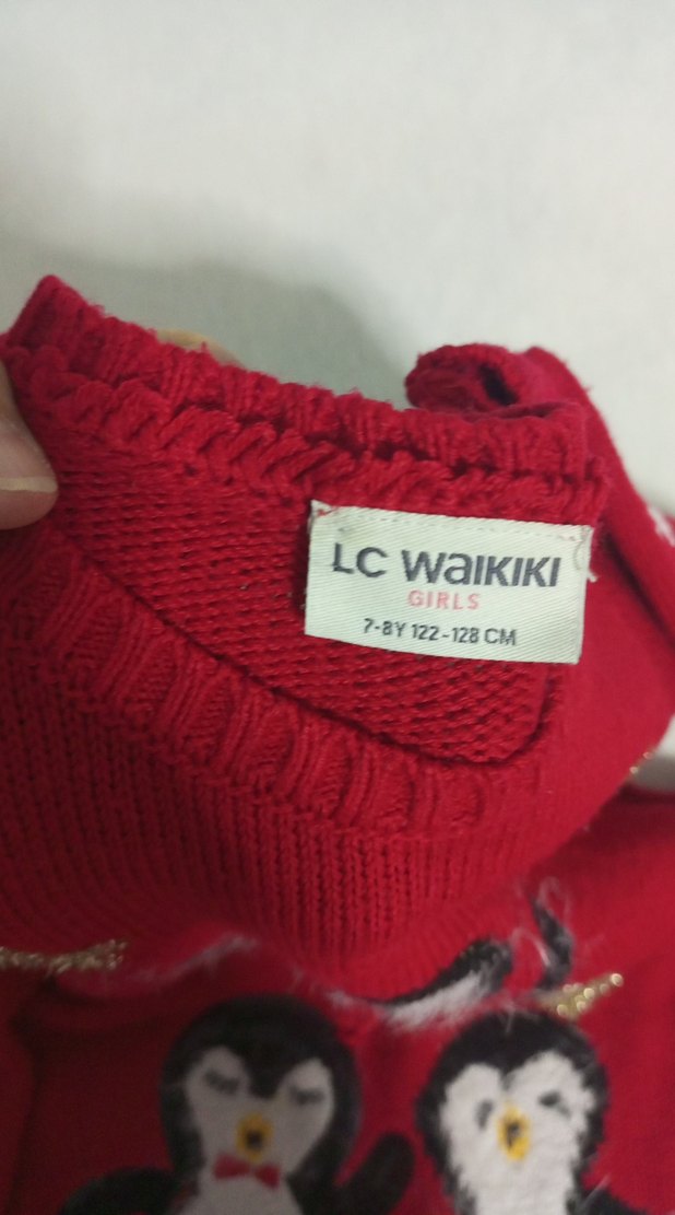 Kız Çocuk Kırmızı Penguen Nakışlı Triko elbise - Görsel 2