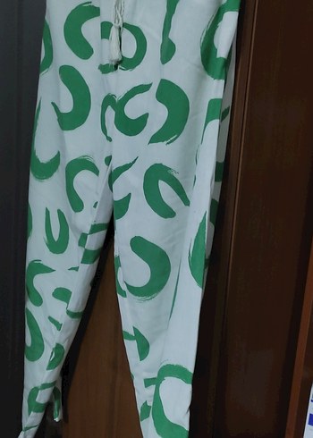 Yeşil Baskılı Rahat Kesim Kadın Keten Pantolon - Görsel 5